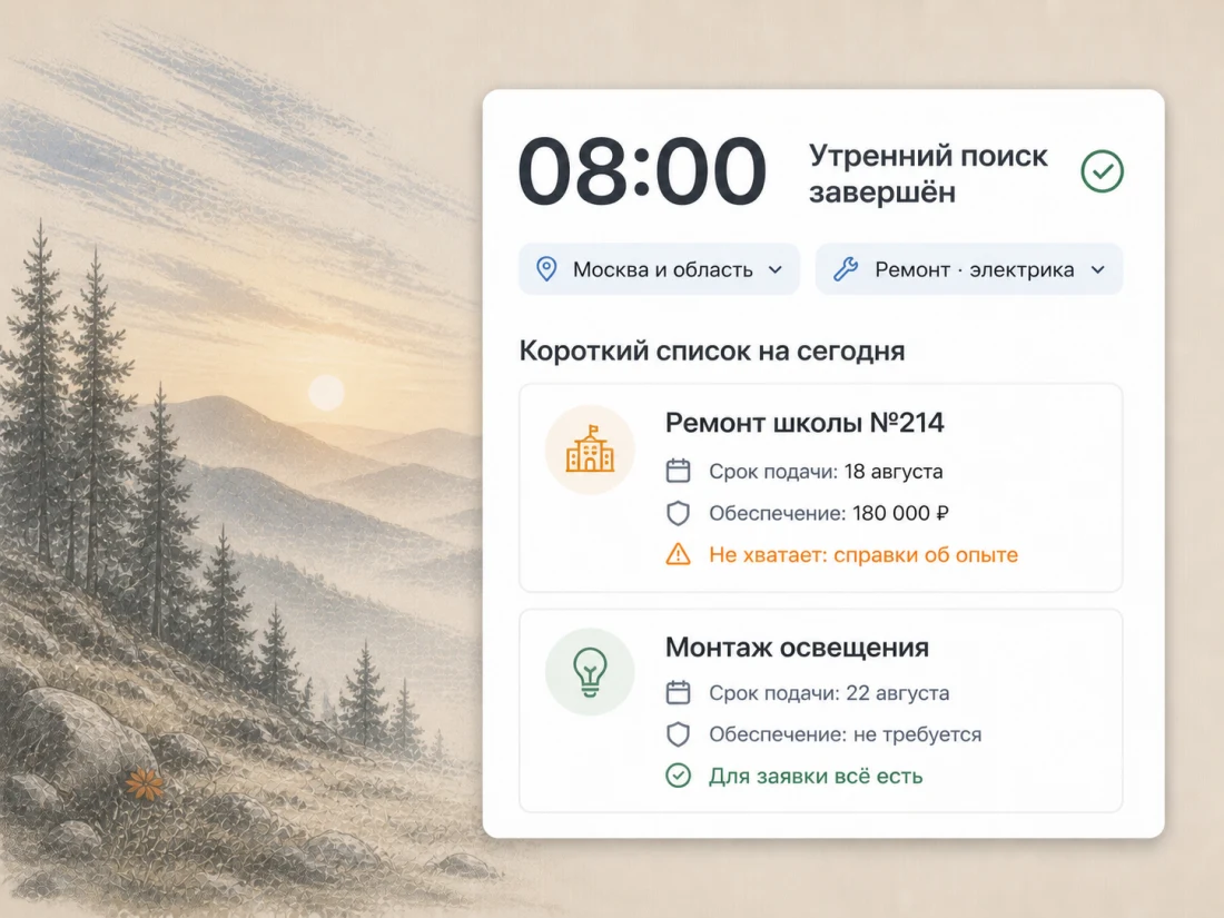 Утренний поиск закупок завершён в 8:00 по фильтрам «Москва и область» и «ремонт, электрика». Короткий список на сегодня: ремонт школы №214 — подача до 18 августа, обеспечение 180 000 ₽, не хватает справки об опыте; монтаж освещения — подача до 22 августа, обеспечение не требуется, для заявки всё есть.